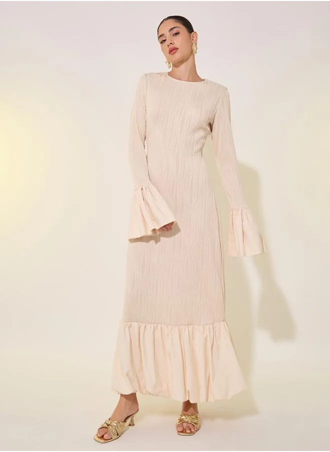 Styli Texture Ruffled Hem Bell Sleeve Maxi Dress