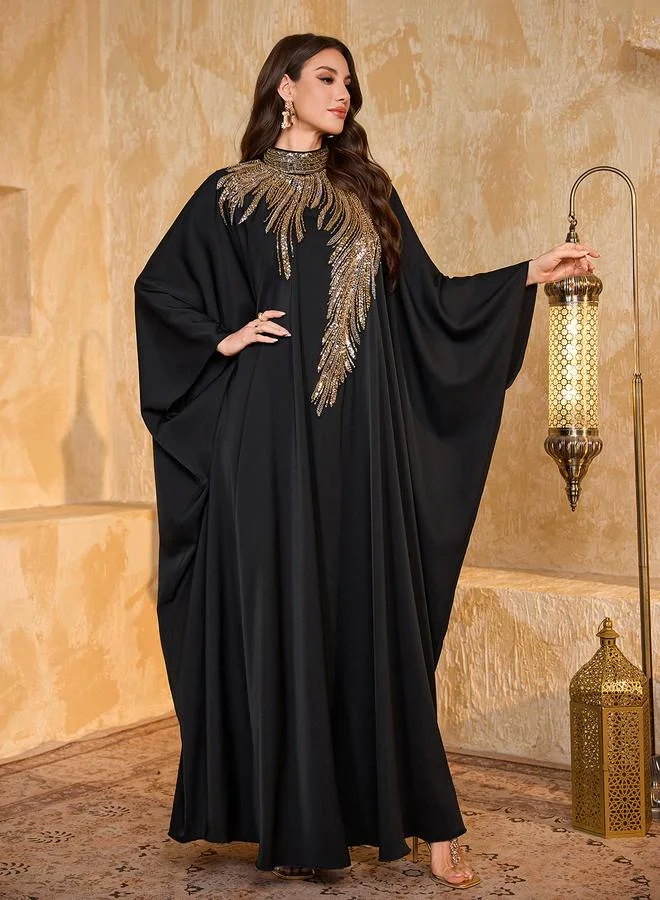 Supgir Black Gold Sequin Embellished Batwing Sleeves Kaftan