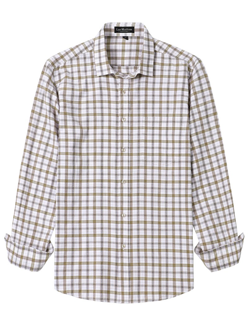 LucMatton Men's Lightweight Gingham Dress Shirt Casual Business Slim Fit Plaid Long-Sleeve Button Down Shirts Beige Large - Image 1
