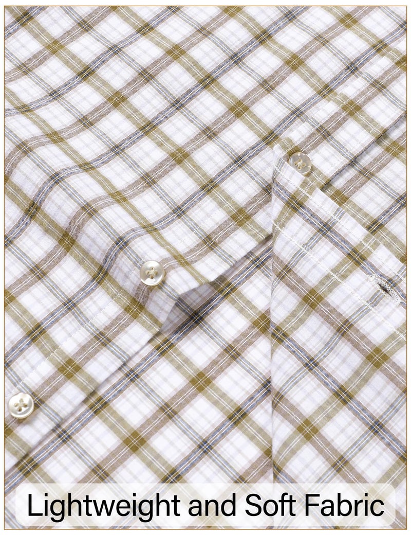 LucMatton Men's Lightweight Gingham Dress Shirt Casual Business Slim Fit Plaid Long-Sleeve Button Down Shirts Beige Large - Image 3