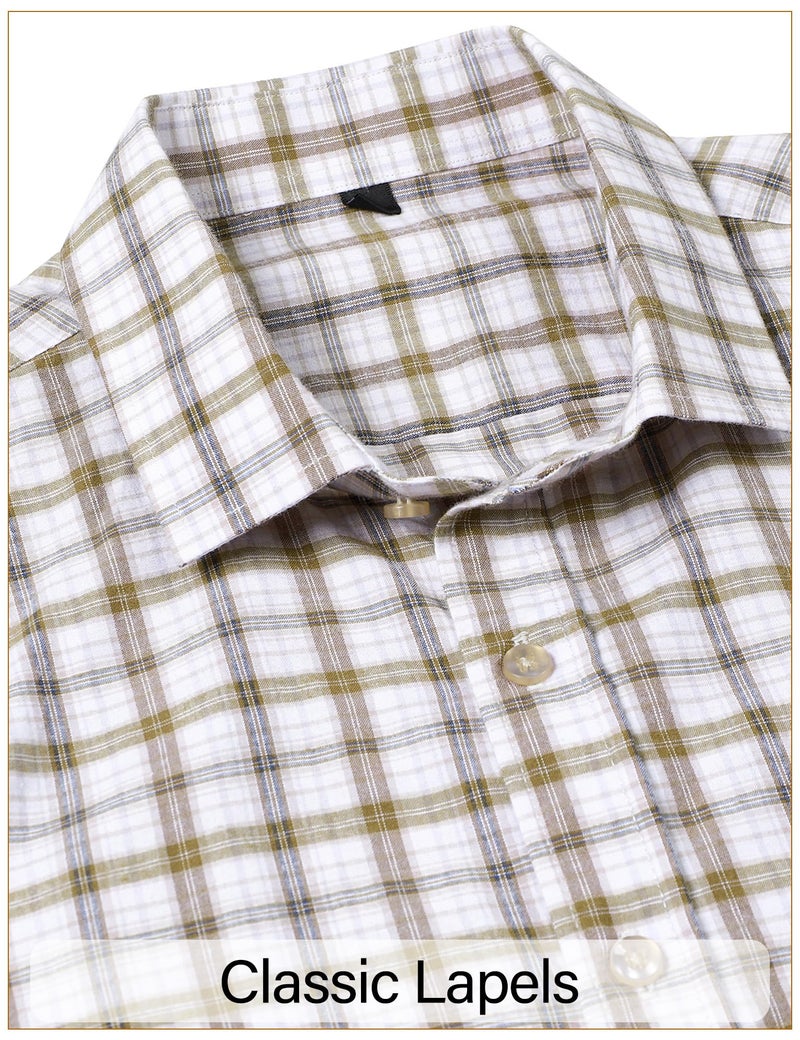 LucMatton Men's Lightweight Gingham Dress Shirt Casual Business Slim Fit Plaid Long-Sleeve Button Down Shirts Beige Large - Image 4