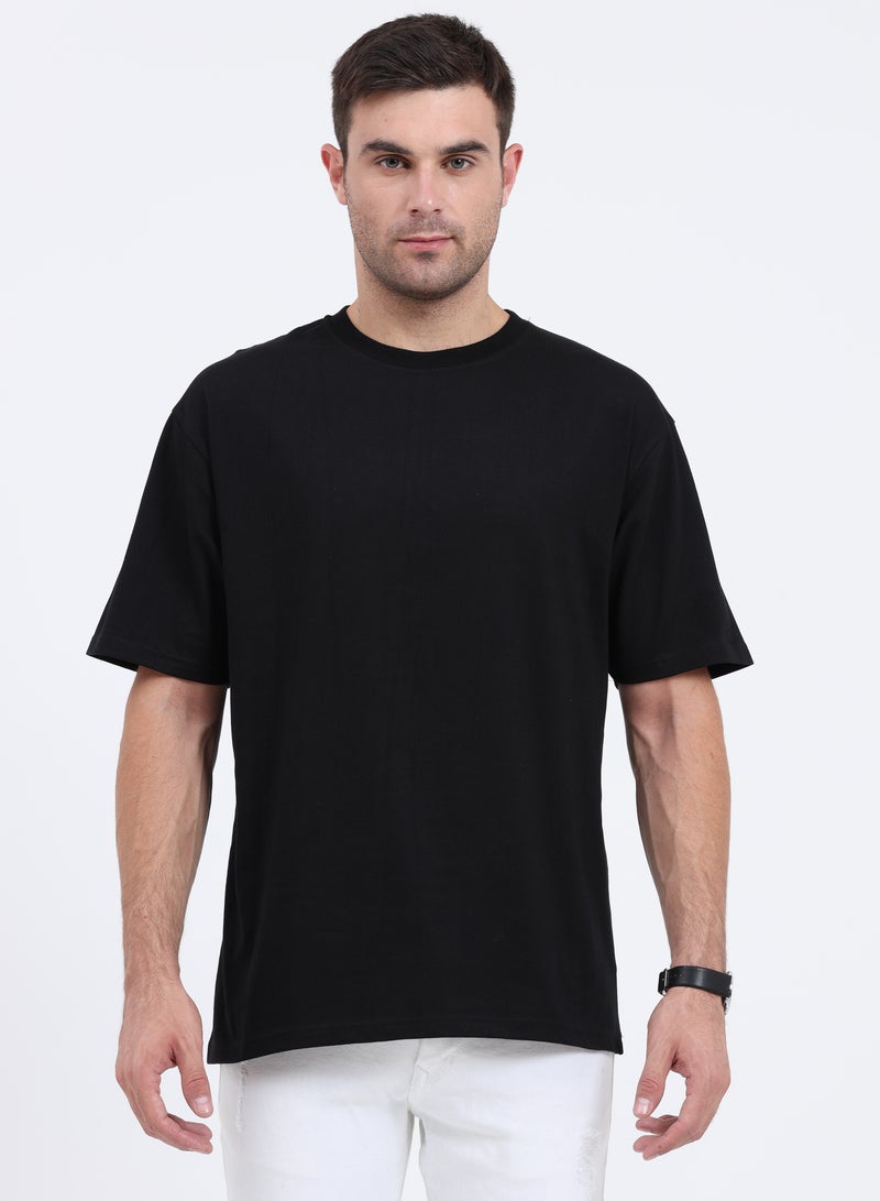 RSO Outfits Drop Shoulder Half Sleeves Cotton Oversized T-Shirt (Black) - Image 1