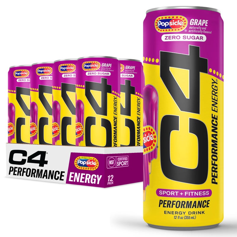 C4 Performance Energy Drink Grape Popsicle Zero Sugar Carbonated Preworkout Energy 150mg Caffeine with Beta Alanine 12 Fl Oz 12 Pack - Image 3