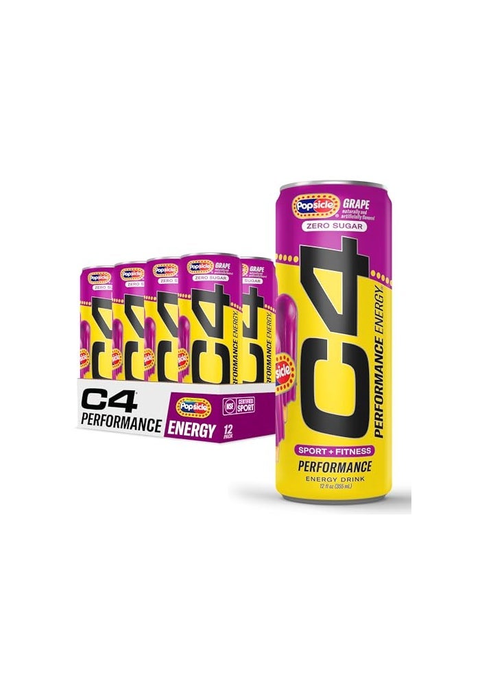 C4 Performance Energy Drink Grape Popsicle Zero Sugar Carbonated Preworkout Energy 150mg Caffeine with Beta Alanine 12 Fl Oz 12 Pack - Image 1