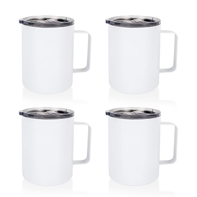 MAIKESUB MAIKESUB 4 Pcs Sublimation Blank Skinny Tumbler 12 OZ White Handle and Straw Double Wall Stainless Steel Coffee Straight Mug with Sliding Lid 12 oz 340ML Without base 