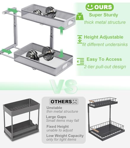 Dolesman Under Sink Organizer High Adjustable 2 Tier Under Sink Organizers and Storage Slide out Metal Cabinet Organizers Pull out Storage Drawer Shelf for Kitchen Bathroom Cabinet 1 Gray - Image 3