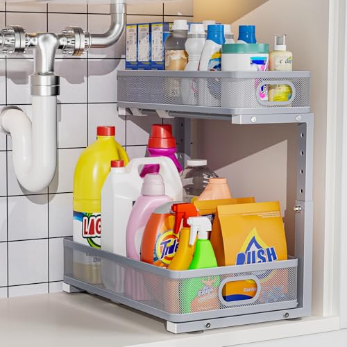 Dolesman Under Sink Organizer High Adjustable 2 Tier Under Sink Organizers and Storage Slide out Metal Cabinet Organizers Pull out Storage Drawer Shelf for Kitchen Bathroom Cabinet 1 Gray - Image 1