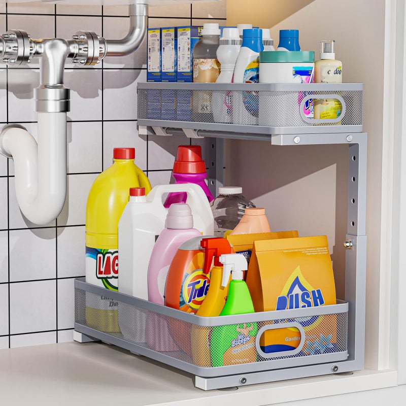 Dolesman Under Sink Organizer High Adjustable 2 Tier Under Sink Organizers and Storage Slide out Metal Cabinet Organizers Pull out Storage Drawer Shelf for Kitchen Bathroom Cabinet 1 Gray - Image 2