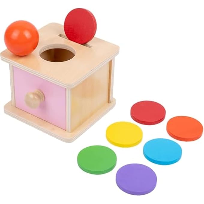 MONTESSORI COIN BOX - 2 IN 1 OBJECT PERMANENCE BOX FOR 1 YEAR OLD BABY, WOODEN BALL DROP TOY, DEVELOPMENTAL TOY FOR 6-12 MONTH INFANT, LEARNING KIDS GIFT (RANDOM COLOR) - Image 1