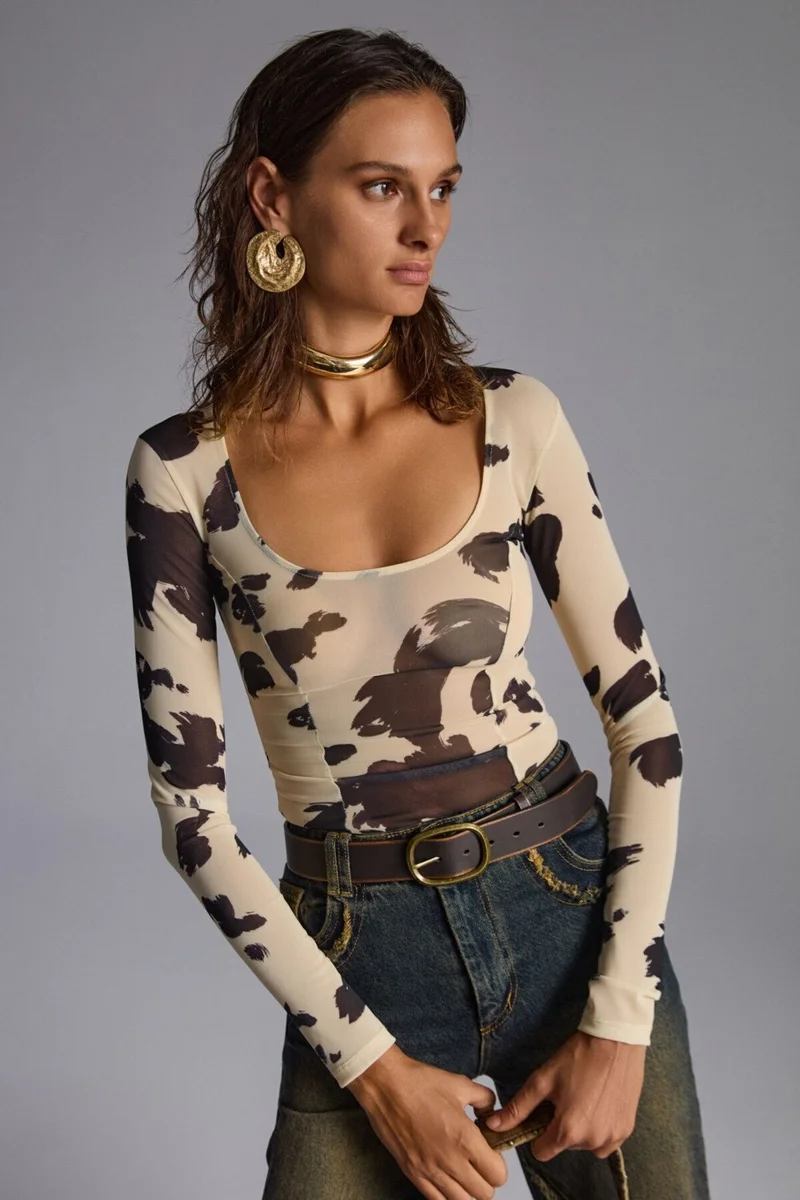 جريميلانج Anika Women's Cow Patterned Organic Cotton U Neck Woven Cow Patterned Bustier