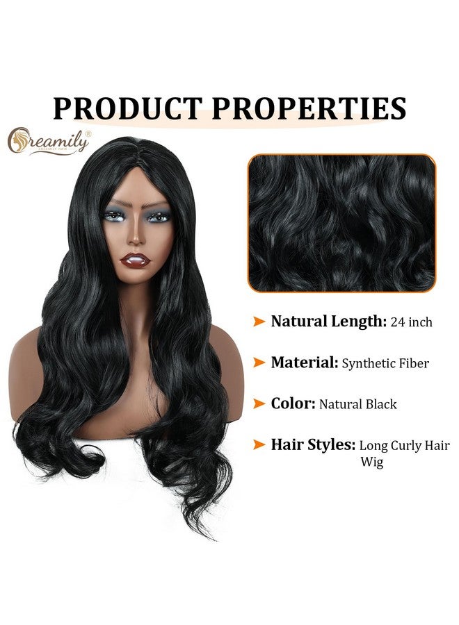 Creamily Curly Hair Wig for women Full head Natural, Long Chemo Full Hair Wig for women, Synthetic Natural Korea Style Hair big for women Wigs (Black, 24inches) - Image 2
