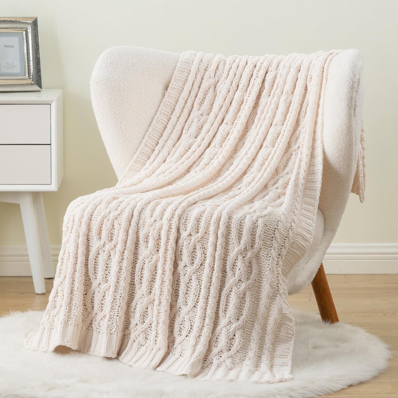 Battilo Cream White Ivory Throw Blanket for Couch 51x 67 Inch Woven Chenille Knit Throw Blanket for Chair Super Soft Warm Decorative Textured Throw Blanket for Bed Sofa and Living Room