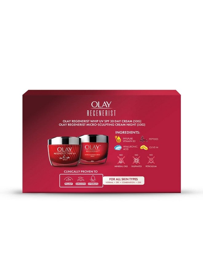 Olay Regenerist Giftpack Whip Day Cream With 50G + Microsculpting Night Cream 50G Hydrated & Bouncy Skin With Hyaluronic Acid And Peptides Normal Oily Dry Combination Skin Pack Of 2 - Image 2