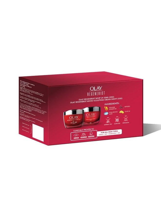 Olay Regenerist Giftpack Whip Day Cream With 50G + Microsculpting Night Cream 50G Hydrated & Bouncy Skin With Hyaluronic Acid And Peptides Normal Oily Dry Combination Skin Pack Of 2 - Image 3