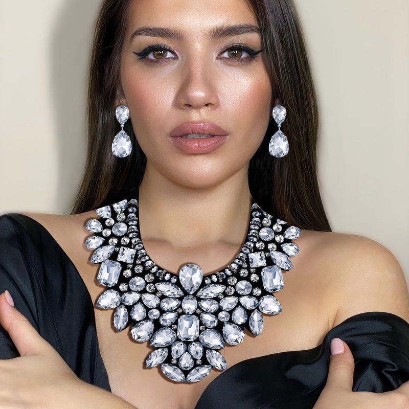 Flyonce Costume Jewelry for Women, Rhinestone Crystal Statement Necklace Earrings Set Silver-Tone Clear - Image 2