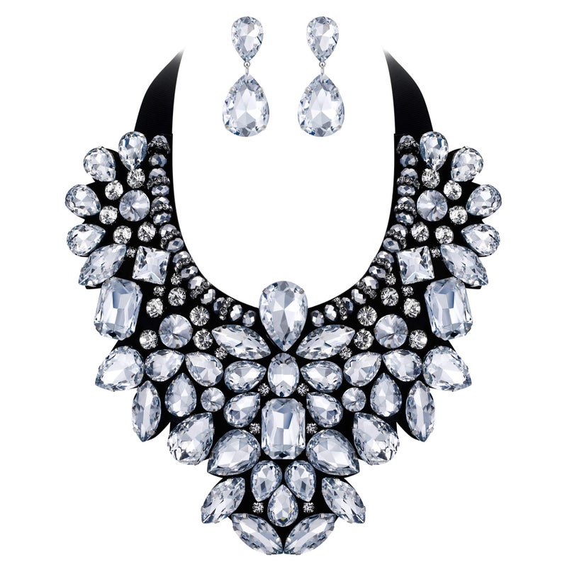 Flyonce Costume Jewelry for Women, Rhinestone Crystal Statement Necklace Earrings Set Silver-Tone Clear - Image 1