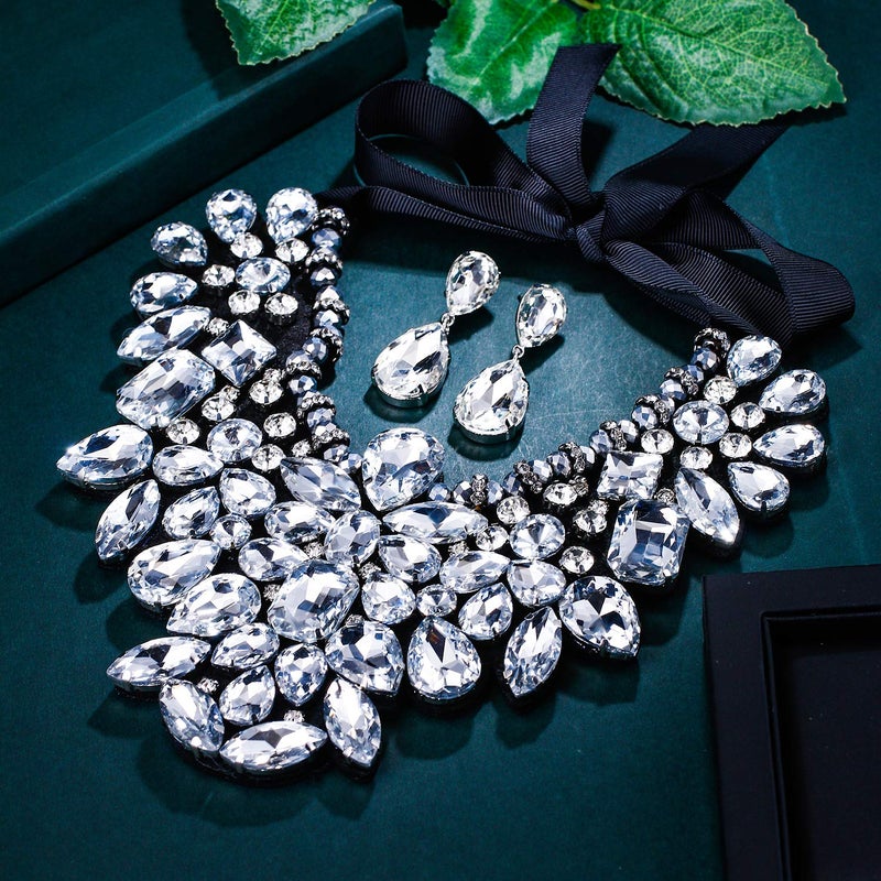 Flyonce Costume Jewelry for Women, Rhinestone Crystal Statement Necklace Earrings Set Silver-Tone Clear - Image 5