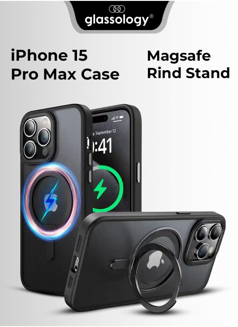 glassology Magnetic Ring Designed for iPhone 15 Pro Max Case, Compatible with MagSafe with Stand Shockproof Back Phone Case Black with Screen Protector  - Image 1