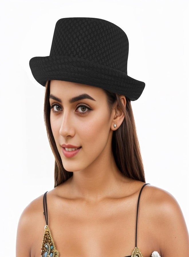 Clobeau Men Women Summer Straw Pork Pie Hat Boater Derby Fedora Sun Hats Straw Panama Hat Fedora Beach Sunhats Porkpie Hats Costume Black - Image 5