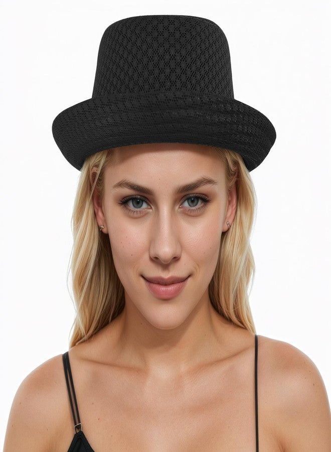 Clobeau Men Women Summer Straw Pork Pie Hat Boater Derby Fedora Sun Hats Straw Panama Hat Fedora Beach Sunhats Porkpie Hats Costume Black - Image 4