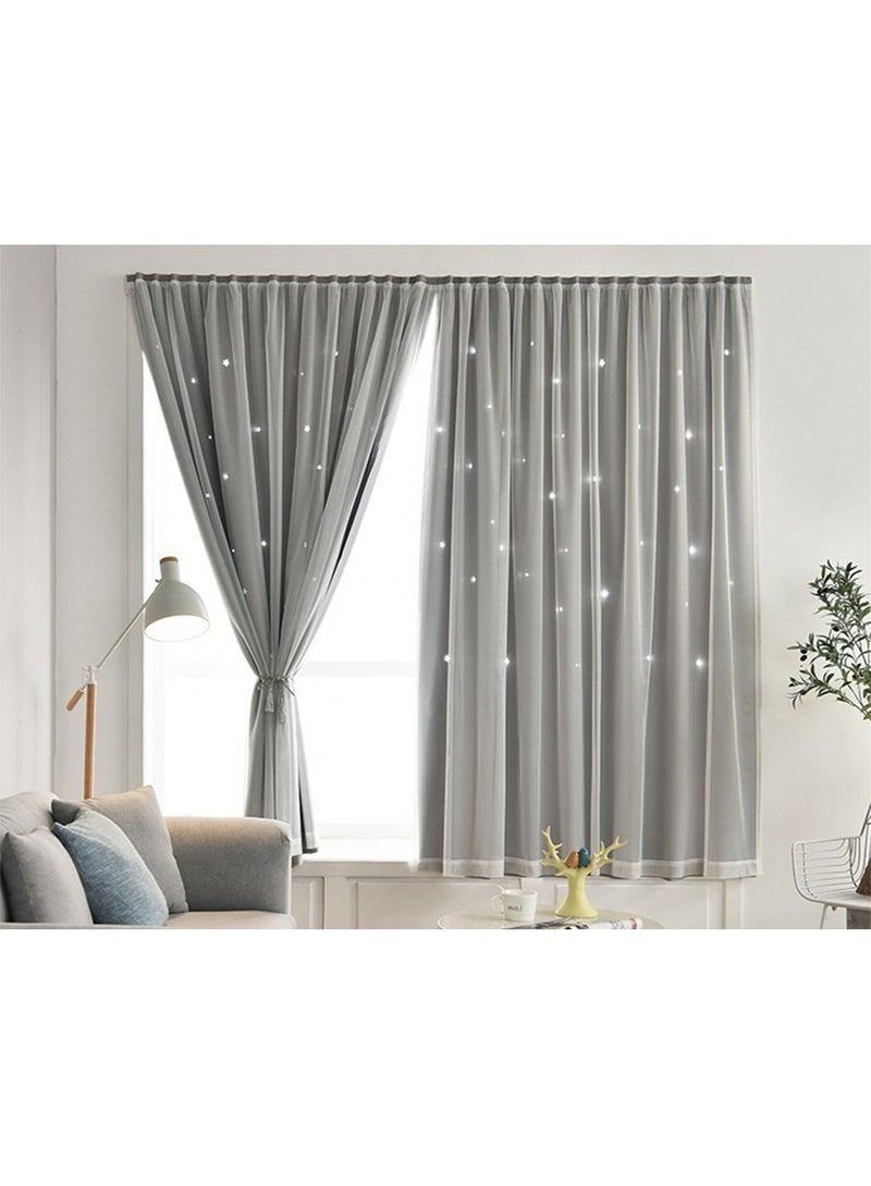 ستائر تعتيم نجوم مزدوجة الطبقات بشريط فيلكرو، لوحة واحدة بدون قضبان ستائر نافذة لغرفة النوم وغرفة المعيشة وباب الحمام وخزانة الملابس (رمادي، 150 عرض × 200 سم) - Image 1