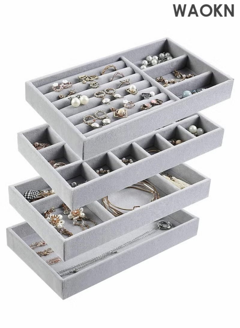 WAOKN 4 PCS Stackable Jewelry Organizer Trays, Drawer Organizer and Jewelry Display Case Storage Container for Earring Necklace Rings Bracelet with Removable Dividers（Grey） - Image 1