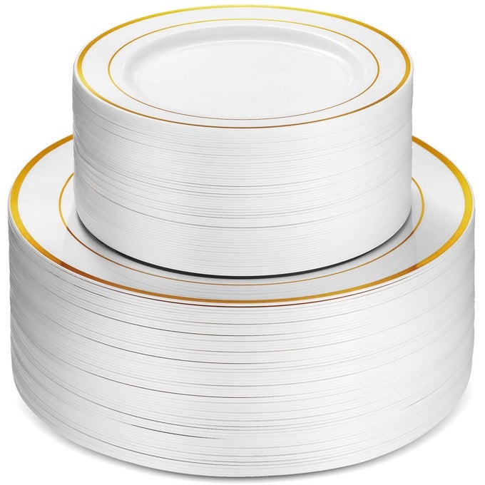 100 PIECE PLASTIC PARTY PLATES WHITE GOLD RIM 50 PREMIUM HEAVY DUTY 1025 INCH DINNER PLATES AND 50 DISPOSABLE 75 INCH DESSERT APPETIZER ELEGANT FANCY HEAVY DUTY WEDDING PLATES