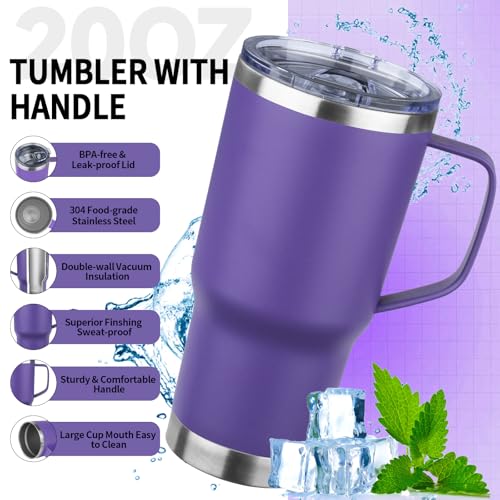 FristChoice 20oz Insulated Tumbler with Handle Stainless Steel Travel Coffee Mug with Lid and Straw Double Wall Vacuum Leak-proof Reusable Thermal Water Cup for Hot and Cold Drinks (Purple,1 Pack) - Image 3