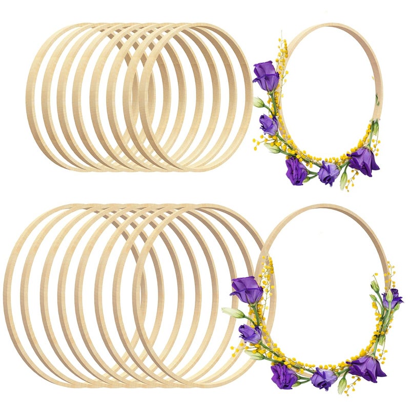 Worown 16 Pack Wooden Hoops, Bamboo Rings for Crafts, Wooden Bamboo Floral Hoop for Making Wedding Wreath Decor and Wall Hanging Crafts (10â€ & 12â€) - Image 1