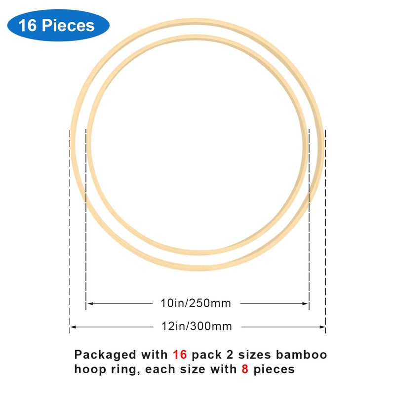 Worown 16 Pack Wooden Hoops, Bamboo Rings for Crafts, Wooden Bamboo Floral Hoop for Making Wedding Wreath Decor and Wall Hanging Crafts (10â€ & 12â€) - Image 2