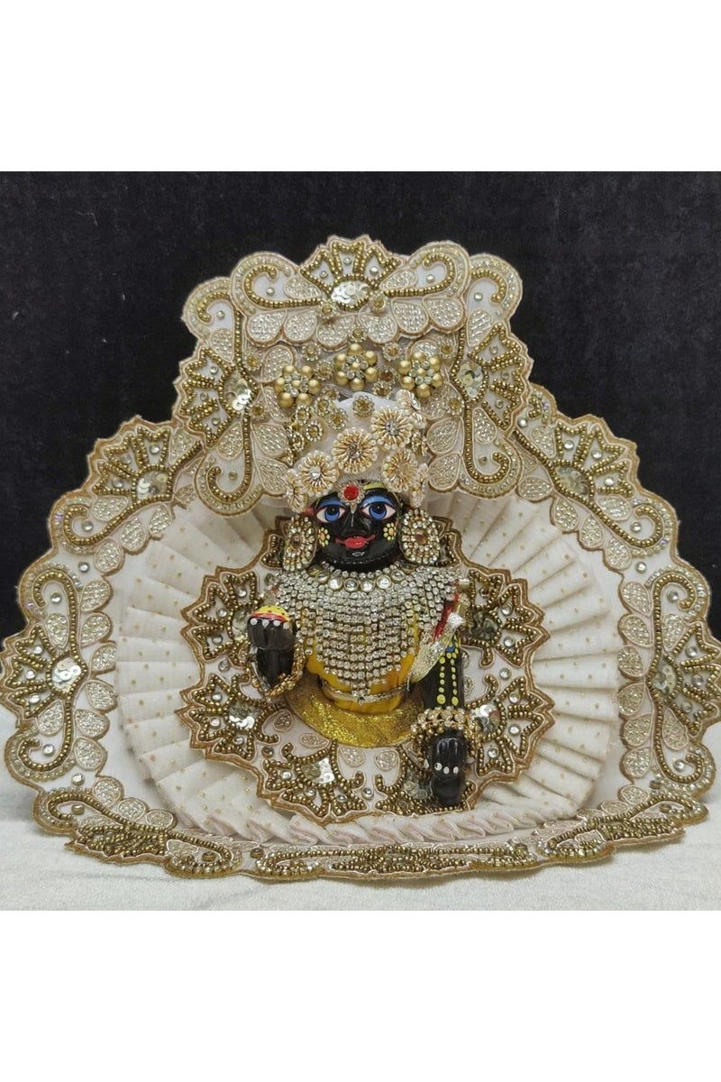 Poshak /Custom-sized white and Golden outfit designed specifically for Ladoo Gopal deity, Size ; 6 inches. Made with high-quality fabric featuring elaborate beadwork and sequin details that create a luxurious appearance.