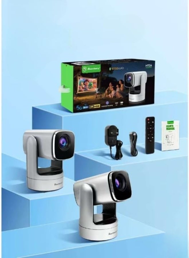 Smartbarry HT26 LCD Projector – Portable 4K Support with 5G Wi-Fi, Bluetooth & Android 12 | Auto Focus, Keystone, 9750mAh Battery | USB, 3.5mm Audio | Home Theater & Outdoor Entertainment - Image 1