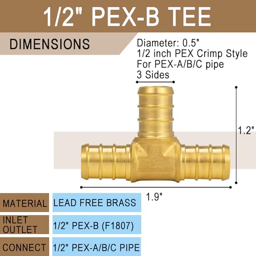 Lingmfg [10 Pieces] Lingmfg Pex Fittings 1/2 Inch Tee, 1/2 Inch Pex F1807 Crimp Brass - Image 2
