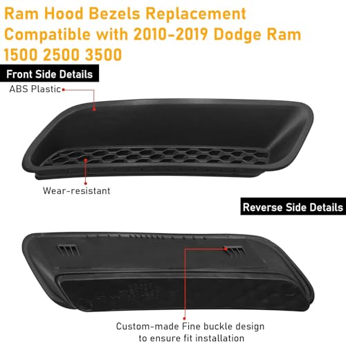 Moonlinks Compatible with 2010-2019 Dodge Ram Hood Vent Bezels 1500 2500 3500,Ram Air Hood Scoop Bonnet Replace Left&Right Side,Engine Hood Air Vent Outlet Cover Trim Black,68324991AA LH/68324990AA RH - Image 2