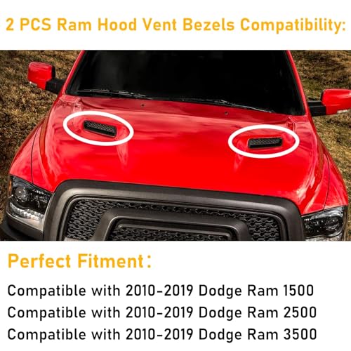 Moonlinks Compatible with 2010-2019 Dodge Ram Hood Vent Bezels 1500 2500 3500,Ram Air Hood Scoop Bonnet Replace Left&Right Side,Engine Hood Air Vent Outlet Cover Trim Black,68324991AA LH/68324990AA RH - Image 3