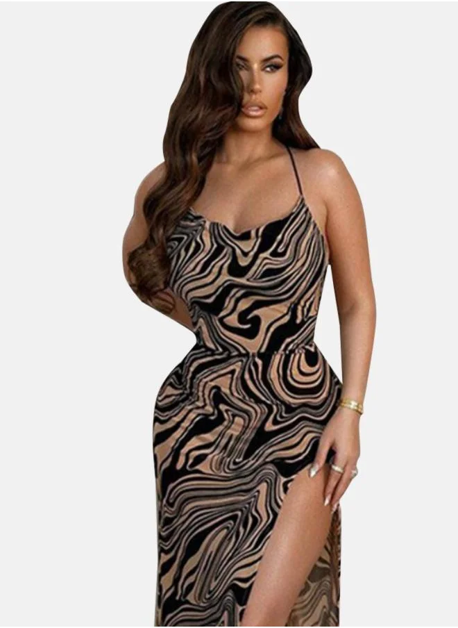 يونيكي Black Abstract Printed Shoulder Straps Side Slit Maxi Dress