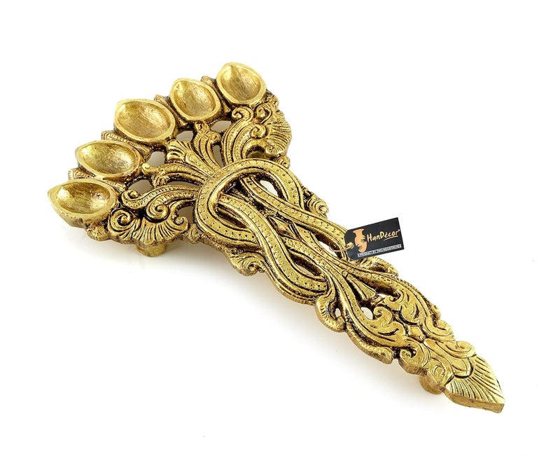 Two Moustaches 7 Inches Brass Sheshnag Design Five Oil Wick Pooja Spoon Antique Yellow Standard Pack Of 1 - Image 3