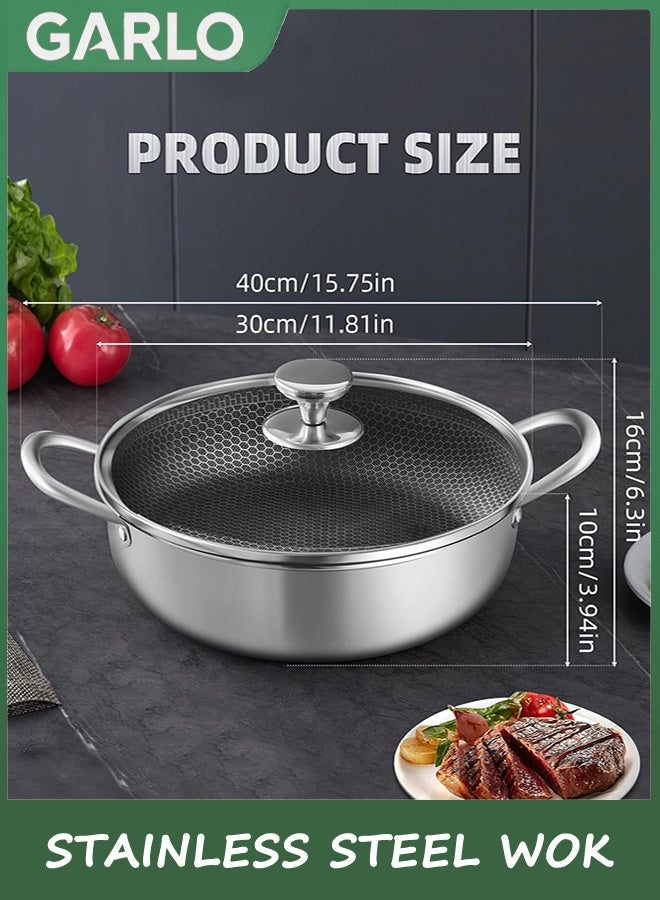 جارلو الفولاذ المقاوم للصدأ Saute Pan, أدوات الطبخ مع الغطاء, 30 سم عميق مقلي وعاء, وعاء الطبخ غير اللاصق مع المقبضات, كبير كاداي سكيلت, ووك Pan متوافق مع جميع الطوابق, غسالة الصحون آمنة - Image 2