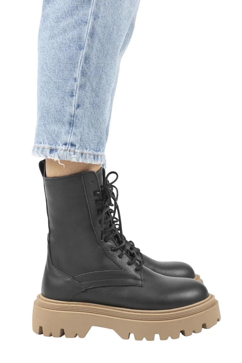 Manijero Manijero Diane Women's Genuine Leather Lace-up Black-Tan Boots