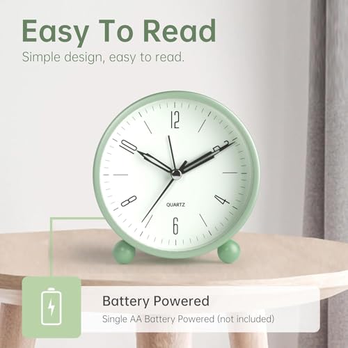 Kadio Plastic Analog Alarm Clock, 4 Inch Super Silent Non Ticking Small Clock with Night Light, Battery Operated, Simply Design, for Bedroon, Bedside, Desk (Light Green) - Image 3