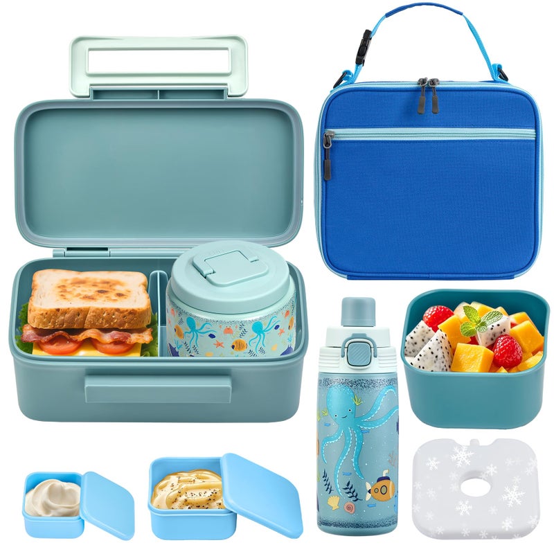 PIQUEBAR Bento Lunch Box for Kids with Thermo Ice Pack Lunch Food Container Insulated Bag, 18oz Plastic Sport Water Bottle for Kid Girls Boys - Image 1