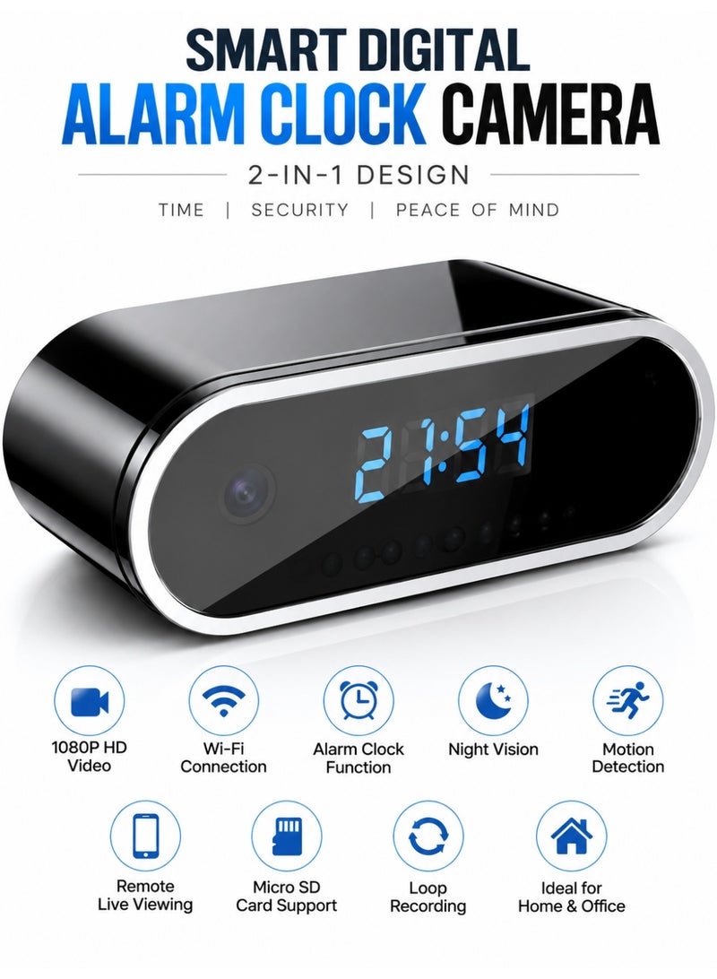 Eworld 1080P WiFi Smart Clock Camera with Full HD Recording, Motion Detection Alerts, Infrared Night Vision, Remote Viewing via Mobile App, Loop Recording, 140° Wide Angle Lens, Supports 256GB MicroSD Card, Digital Clock Design, Indoor Home & Office Security Camera - Image 1