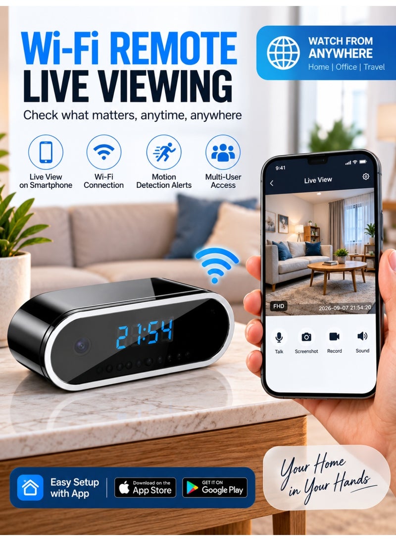 Eworld 1080P WiFi Smart Clock Camera with Full HD Recording, Motion Detection Alerts, Infrared Night Vision, Remote Viewing via Mobile App, Loop Recording, 140° Wide Angle Lens, Supports 256GB MicroSD Card, Digital Clock Design, Indoor Home & Office Security Camera - Image 2