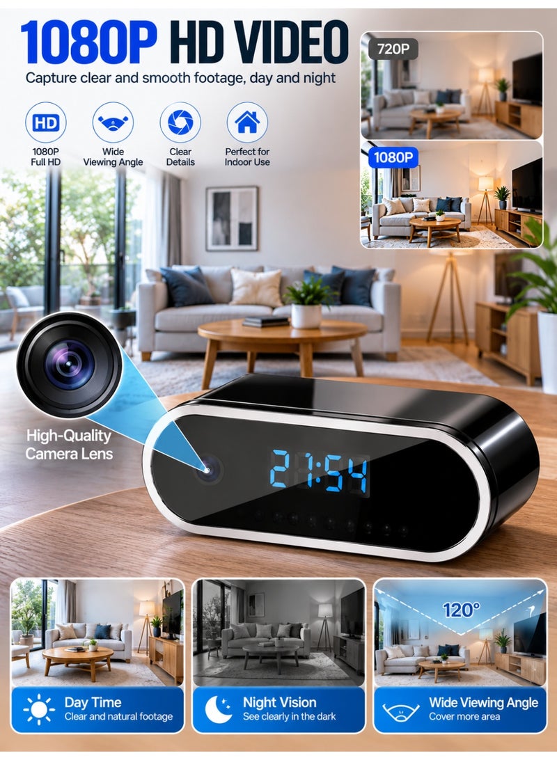 Eworld 1080P WiFi Smart Clock Camera with Full HD Recording, Motion Detection Alerts, Infrared Night Vision, Remote Viewing via Mobile App, Loop Recording, 140° Wide Angle Lens, Supports 256GB MicroSD Card, Digital Clock Design, Indoor Home & Office Security Camera - Image 3