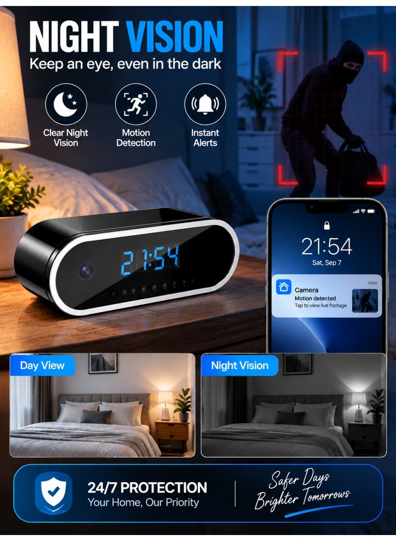 Eworld 1080P WiFi Smart Clock Camera with Full HD Recording, Motion Detection Alerts, Infrared Night Vision, Remote Viewing via Mobile App, Loop Recording, 140° Wide Angle Lens, Supports 256GB MicroSD Card, Digital Clock Design, Indoor Home & Office Security Camera - Image 4