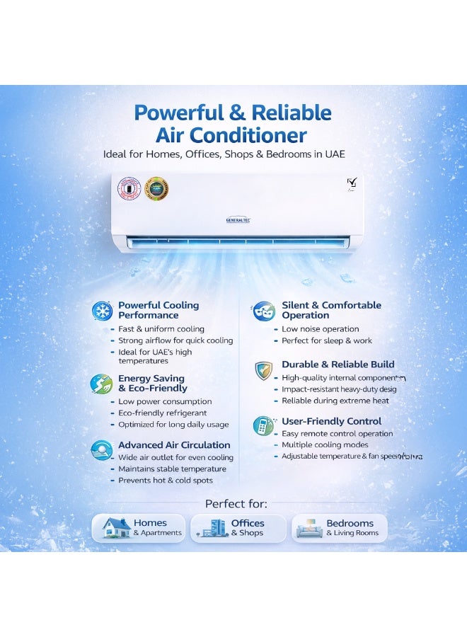 Generaltec 2.5 Ton Split Air Conditioner with T3 Piston Compressor, R410a Refrigerant, 4-Way Swing, Golden Fin, Low Noise Operation, Remote Control  Model GSAC32PSK16 | 1 Year Full Warranty & 5 Years Compressor Warranty 2450 W GSAC32PSK16 white - Image 4