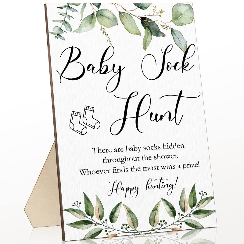 Roowest Baby Shower Games Sock Hunt Sign Wooden Tabletop Decor Greenery Gender Reveal Party Supplies Rustic Gift Sets Wooden Baby Shower Favors for Boy Girl 512 x 787 x 02 Inch
