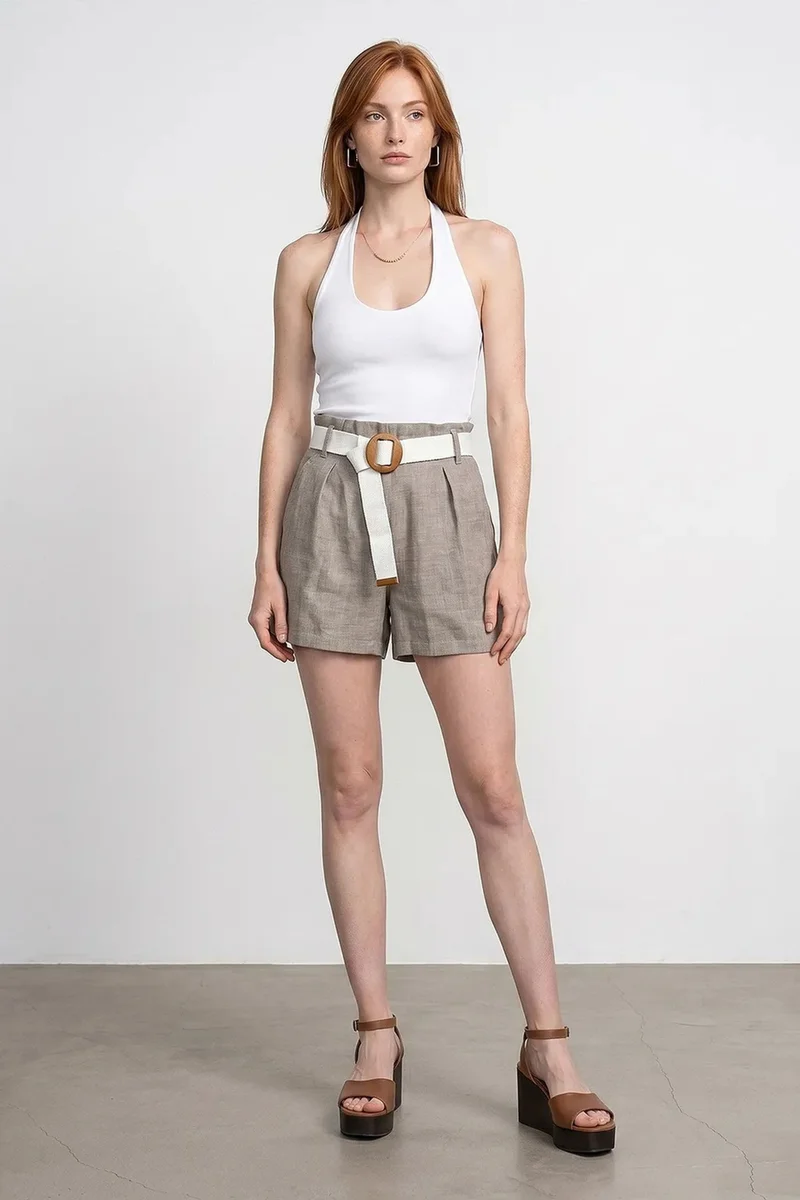 Dilvin Stone Natural DILVIN High-Waist Tailored Wide-Leg Shorts for Women | Best Price UAE