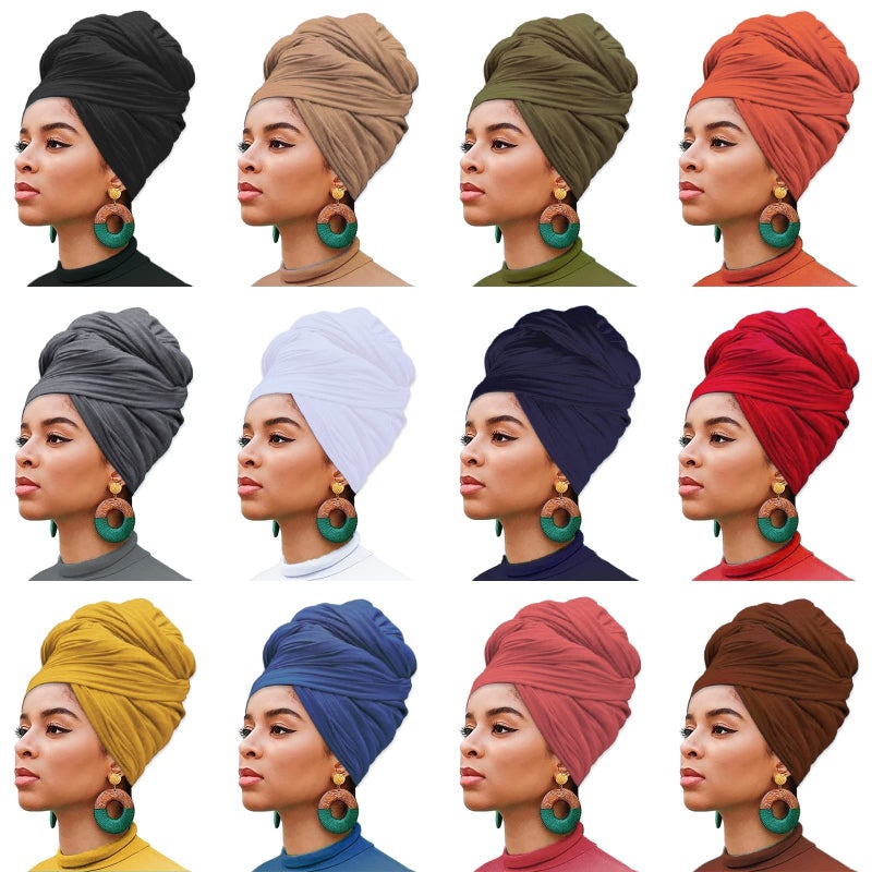 XTREND 12 Pieces Stretch Head Wrap Jersey Turban Solid Color Bohemian Dye Headwraps African Fashion Headwear Headband Extra Long Hair Scarf Soft Breathable Turban Tie for Women 12 Colors - Image 1