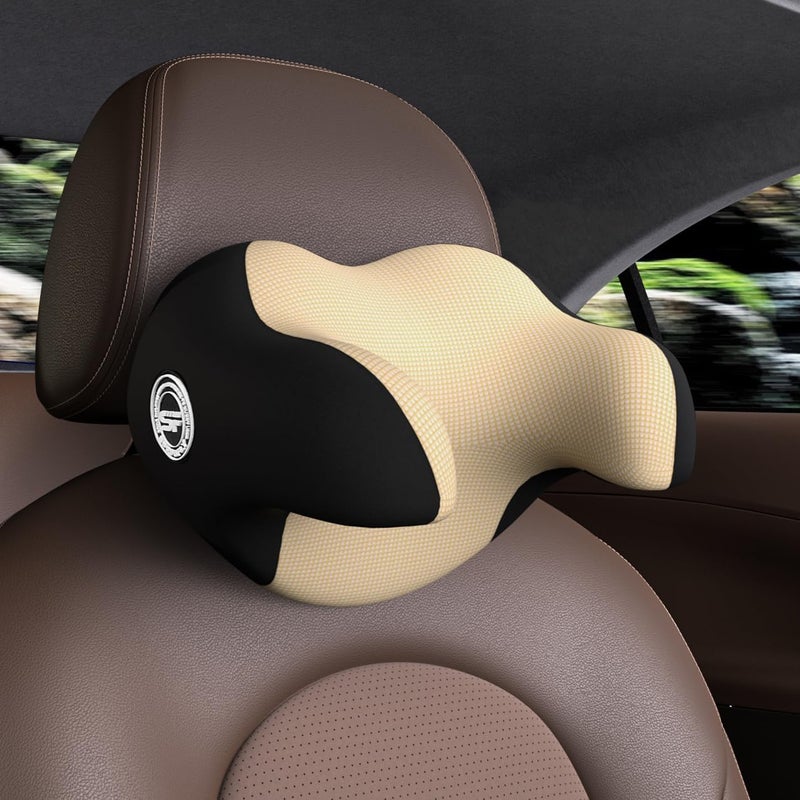 SPRFUFLY Really Helpful Car Headrest Pillow, Car Neck Pillow for Sleeping with Adjustable Strap, 100% Memory Foam & Breathable Removable Cover, Ergonomic Design - Softness Travel Car Pillow(Beige, 1PC) - Image 1